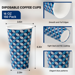 16 oz 150 Pack  Paper Coffee Cups Printed Blue Leaf and Grey Leaf