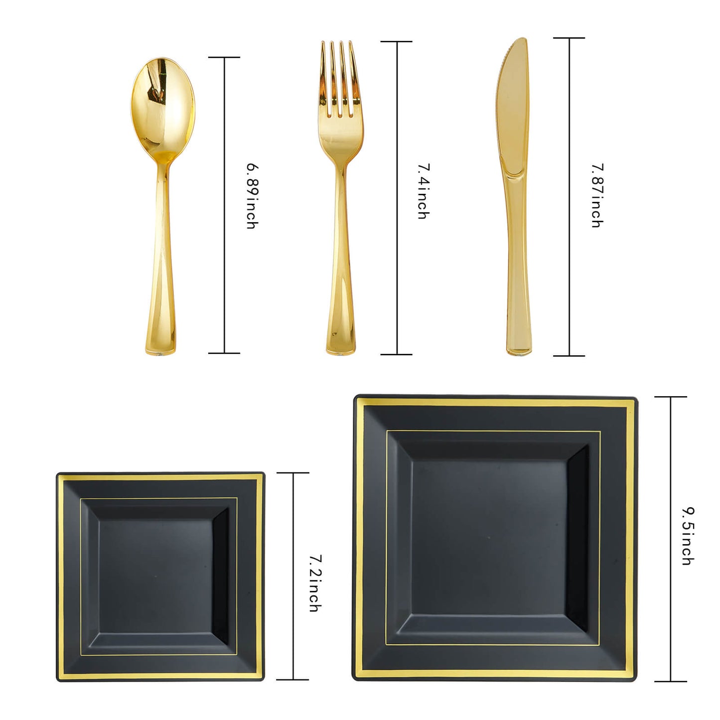 Gold&Silver Rim Black&White Square Plastic Plates & Flatwares(100sets)