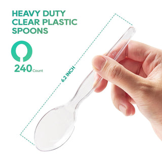FOCUSLINE 240 Count 6.2 Inch Clear Plastic Spoons Heavy Duty, Solid and Durable Premium Disposable Spoons Bulk, Suitable for Catering, Parties, Events and Everyday Use - JOLLYCHEF