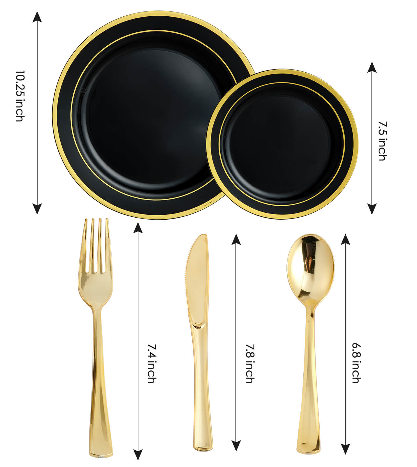 A stylish black dinnerware set featuring two Jolly Chef Gold Rim Black&White Plastic Plates&Flatwares(25 sets) and matching gold utensils: fork, knife, and spoon.