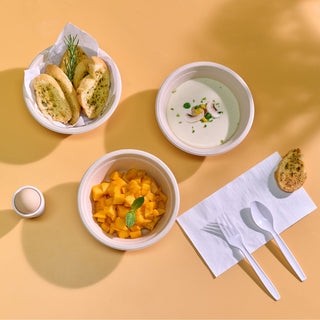 Jolly Chef 3 16oz disposable paper bowls filled with yogurt, bread and mango