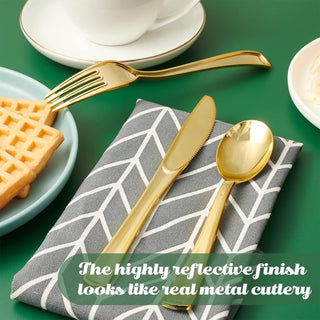 JOLLY CHEF 150 Count Gold Plastic Silverware Set - 50 Forks, 50 Knives, 50 Spoons - Heavy Duty Plastic Cutlery Set Disposable Flatware - JOLLYCHEF