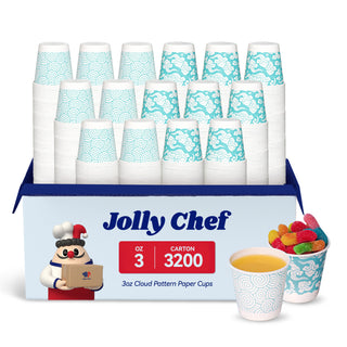 A pack of Jolly Chef 3 - oz cloud pattern paper cups (3200 per carton), featuring a sample cup with a yellow beverage and another filled with colorful candies.