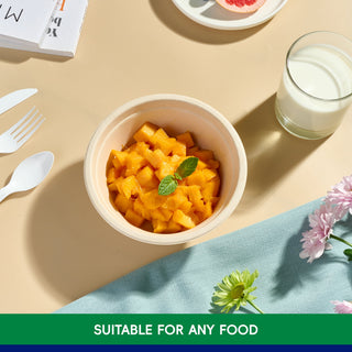 Jolly Chef 16oz disposable paper bowl filled with mango served with glass of milk 