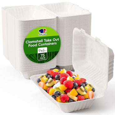 A stack of white clamshell Jolly Chef take-out food containers with a colorful fruit salad displayed in one, labeled "75 pack."
