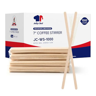 A box of 1000 Jolly Chef Wooden Stirrers, with a stack of stirrers in front, labeled "Jolly Chef."