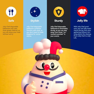 Colorful infographic featuring Jolly Chef character promoting safe, stylish, sturdy disposable tableware for enjoyable gatherings.