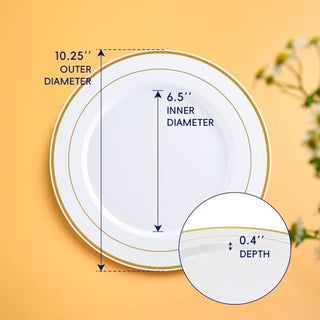 Jolly Chef Gold&Silver Rim Plastic(PS) Plates with gold trim, dimensions labeled: outer diameter 10.25", inner diameter 6.5", and depth 0.4", set against a warm background.
