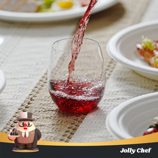 A sparkling red drink is being poured into a clear Jolly Chef plastic glass, with dishes of food visible in the background. Jolly Chef branding included.