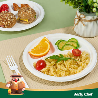 JOLLY CHEF 120 Pack Compostable 3 Compartment Plates, Heavy - Duty Disposable Biodegradable Paper Plates, 9 inch Eco - Friendly Sugarcane Bagasse Divided Plates for Dinner - JOLLYCHEF