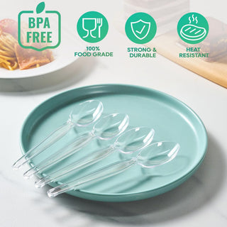 FOCUSLINE 240 Count 6.2 Inch Clear Plastic Spoons Heavy Duty, Solid and Durable Premium Disposable Spoons Bulk, Suitable for Catering, Parties, Events and Everyday Use - JOLLYCHEF