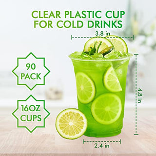 Clear 16oz PET plastic cup with cold green drink & lime slices. 90 pack. Dimensions: 3.8" top, 2.4" bottom, 4.8" H.