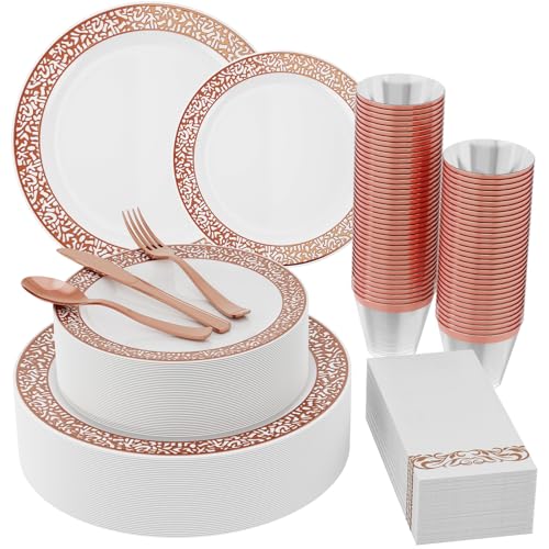 Gold&Rose&Silver Rim Plastic Plates&Cups&Paper Napkins&Flatwares(120sets)