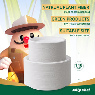 Jolly Chef 7 inches or 9 inches paper plate    offers 110 pack option and have 3 advantages: natural plant fiber, green products and suitable size