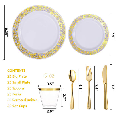 Assiettes, tasses et couverts en plastique à bord doré (lot de 6)