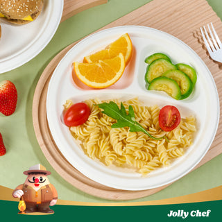 JOLLY CHEF 120 Pack Compostable 3 Compartment Plates, Heavy - Duty Disposable Biodegradable Paper Plates, 9 inch Eco - Friendly Sugarcane Bagasse Divided Plates for Dinner - JOLLYCHEF