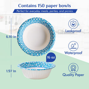 20 oz 150 Counts Printed Soak Proof Large Bowls for Breakfast, Lunch