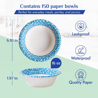 JOLLY CHEF Disposable Paper Bowls 20 oz,150 Count,Printed Soak Proof Large Bowls for Breakfast, Lunch, and Dinner Meals - JOLLYCHEF