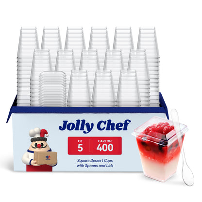 A pack of Jolly Chef 5 - oz square dessert cups (400 per carton), including spoons and lids, with a sample cup filled with a layered dessert of berries and cream.