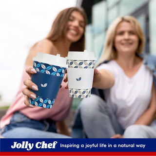 Two women are holding Jolly Chef 12oz disposable cup with Jolly Chef's slogan Inspiring a joyful life in a natural way below