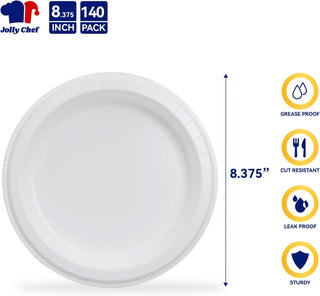 White 8.375" Jolly Chef paper plate, 140 pack. Grease-proof, cut-resistant, leak-proof, sturdy.