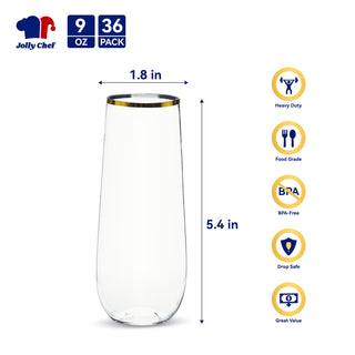 9oz Gold Rim Clear PET Plastic Stemless Champagne Flutes - Wedding & Parties - Jolly Chef - JOLLYCHEF