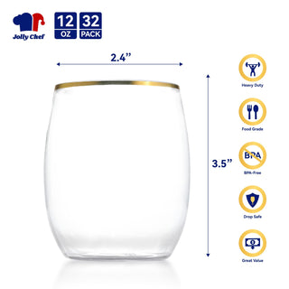 12oz Gold Rim PET Stemless Plastic Wine Glasses - Wedding & Parties - Jolly Chef - JOLLYCHEF