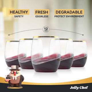 12oz Gold Rim PET Stemless Plastic Wine Glasses - Wedding & Parties - Jolly Chef - JOLLYCHEF