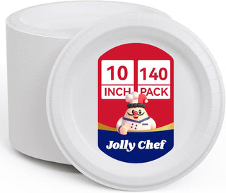 Stack of 10 inch bulk paper plates with Jolly Chef logo