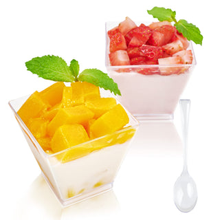 2oz/ 3oz Square Plastic Dessert Cups with Spoons - Party & Special Events Use - Jolly Chef