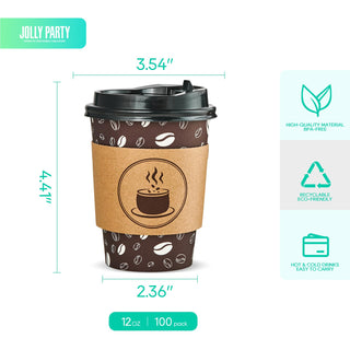 Multiple Size Brown Paper Coffee Cups with Lids & Sleeves & Straws - Hot Coffee & Office - Jolly Party - JOLLYCHEF