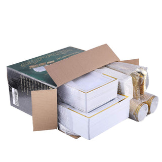 Box of white and gold plastic party dinnerware: plates, cutlery, cups, and napkins. "Gold Dinner Set" text visible.