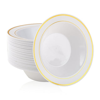 12oz White with Gold Rim Round Plastic Bowls - Fruits & Parties - JOLLY PARTY - JOLLYCHEF