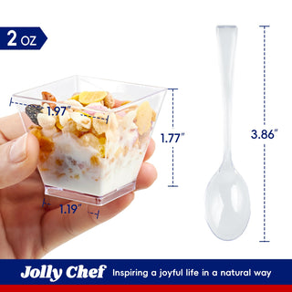 2oz/ 3oz Square Plastic Dessert Cups with Spoons - Party & Special Events Use - Jolly Chef