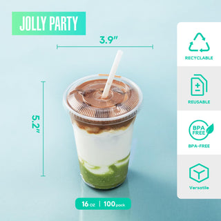 12oz/16 oz Clear Plastic Cups with Flat Slotted Lids - Juice & Smoothies - Jolly Party - JOLLYCHEF