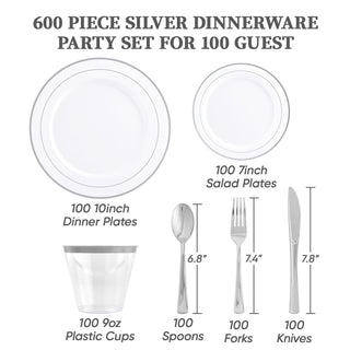 600-piece silver dinnerware party set for 100 guests, including plates, cups, spoons, forks, and knives.