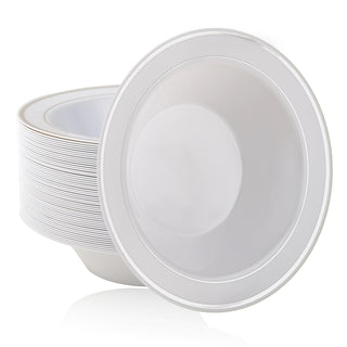 12oz White with Silver Rim Round Elegant Plastic Bowls - Wedding & Party - JOLLY PARTY - JOLLYCHEF