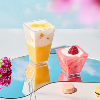 2oz/ 3oz Square Plastic Dessert Cups with Spoons - Party & Special Events Use - Jolly Chef