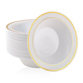 12oz White with Gold Rim Round Plastic Bowls - Fruits & Parties - JOLLY PARTY - JOLLYCHEF