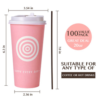 12oz/16oz/20oz Pink & Green Paper Coffee Cups with Lids and Straw - Office & Travel - Jolly Pack - JOLLYCHEF