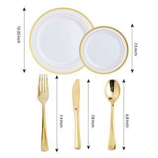 Gold-rimmed white plates, fork, knife, and spoon, showcasing elegant disposable tableware.