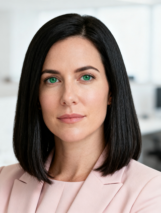 Professional woman with green eyes wearing a pink blazer in an office setting.