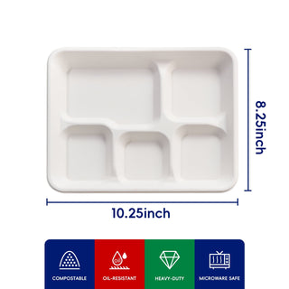 Jolly Chef 10*8 inches compostable disposable 5 compartment paper plates' (120 pack) length is 10.25 inches and width is 8.25 inches