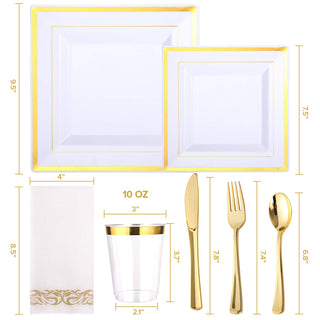 Elegant white square plates with gold trim, matching cutlery, napkin, and a 10 oz cup for a sophisticated table setting.