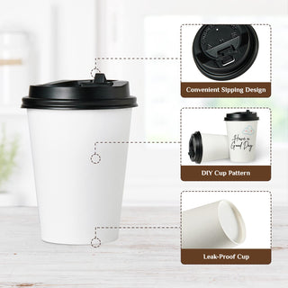 8oz/ 12oz/ 16oz White Paper Coffee Cups With Black Lids - Cold/Hot Drinking & Office - Vplus - JOLLYCHEF