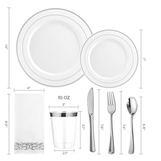 Elegant disposable dinnerware set: plates, cutlery, cup, and napkin. Silver trim adds a touch of class.