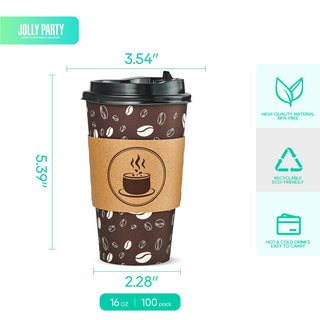 Multiple Size Brown Paper Coffee Cups with Lids & Sleeves & Straws - Hot Coffee & Office - Jolly Party - JOLLYCHEF