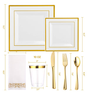 Elegant place setting: square white plates with gold trim, gold flatware, napkin, and a clear plastic cup.