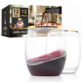 12oz Gold Rim PET Stemless Plastic Wine Glasses - Wedding & Parties - Jolly Chef - JOLLYCHEF