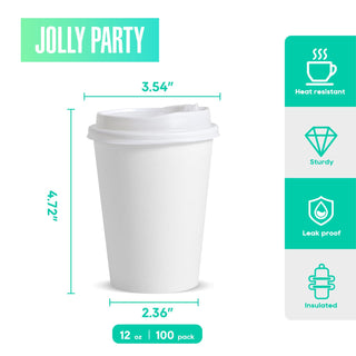 Multiple Size White Paper Coffee Cups with Lids - Hot/Cold Beverage Drinking & Home - Jolly Party - JOLLYCHEF